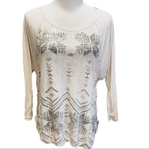 AEO American Eagle Ivory Fair Isle Snowflake Metallic Shirt Top S Lightweight
